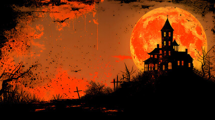 A Halloween card featuring a haunted house on a hill with a full moon