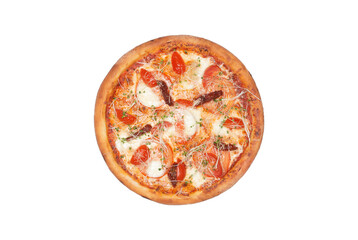 Pizza with tomato sauce, mozzarella cheese, fresh tomatoes, sun-dried tomatoes and fresh microgreen sprouts isolated over white background. Top view. Copy space