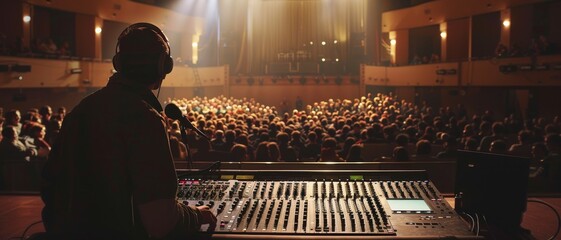 A sound engineer manages a mixing console as a tightly packed audience eagerly watches a live performance in a warmly lit theater.