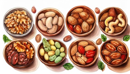 Obraz premium A beautiful arrangement of various nuts in bowls, highlighting their textures and colors, perfect for healthy snack promotion.