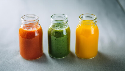 Glass bottles filled with green, yellow, orange and red smoothies. Healthy beverage. Delicious drink