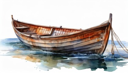 A beautiful wooden boat gently floating on serene waters, captured in a vibrant watercolor style.