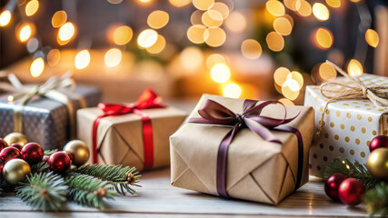 Christmas presents and decorations on wooden background with bokeh lights.
