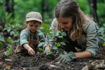 A child and adult planting a young tree together in a forest during daytime