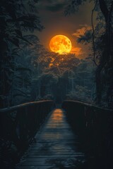 narrow road and bridge, pinas forest in dark black night, dark yellow and orange moonlight