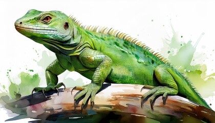 Obraz premium A vibrant green lizard perched on a branch, showcasing intricate details and a dynamic watercolor background for a lively atmosphere.