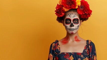 A girl in a dark floral dress and makeup in the form of a skull on a yellow background. The girl has a large flower wreath on her head. Day of the Dead concept. Place for text.