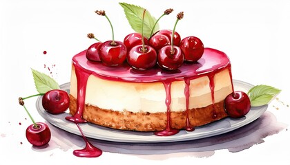 Delicious cheesecake topped with cherry sauce and fresh cherries, perfect for dessert lovers and food photography.
