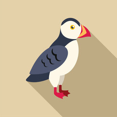 Simple illustration of a puffin bird standing on a brown background