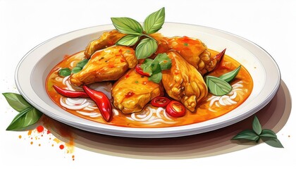 Delicious chicken dish served on noodles, garnished with herbs and chilies, showcasing vibrant colors and rich flavors.