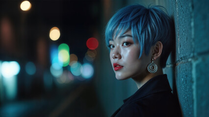 Young woman in her late twenties leaning against a wall, she looks lost in thought, lonely on a city street at night, red lipstick and blue pixie cut hairstyle.