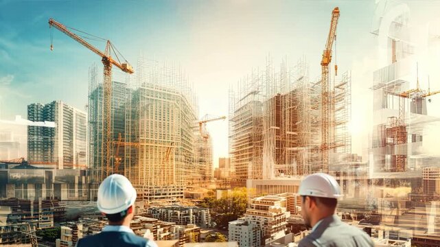 Building a Legacy: Two construction workers stand side-by-side, gazing at a bustling cityscape in the midst of urban development, a testament to human ingenuity and progress.  