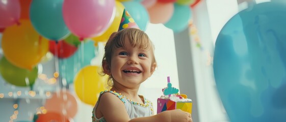 A toddler in a colorful party hat holds a wrapped gift, surrounded by vibrant balloons, her smile capturing the essence of a joyful celebration.