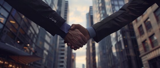 Two hands clasping in a firm handshake, set against a modern city backdrop, representing business agreements and corporate teamwork.
