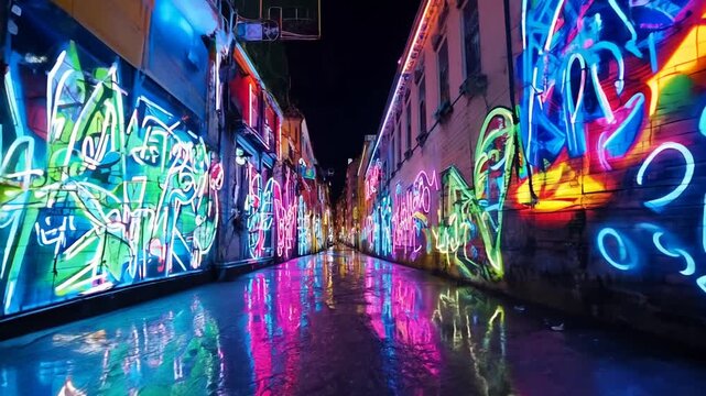 Vibrant Neon Graffiti Lights up a Lively Urban Alleyway at Night Generative AI