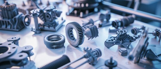 A visually-striking table filled with complex mechanical parts and gears, showcasing the intricacies of engineering and design.