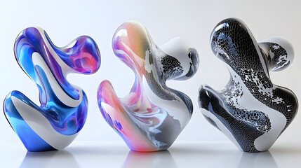 Abstract sculptures with vibrant colors and unique shapes.