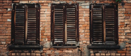Weathered shutters on an old brick wall offer a glimpse into the past, narrating stories of days gone by with their rustic appeal.