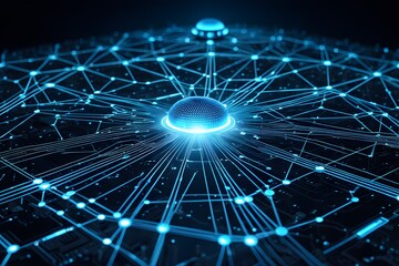 A blue sphere with a glowing center is surrounded by a network of blue lines