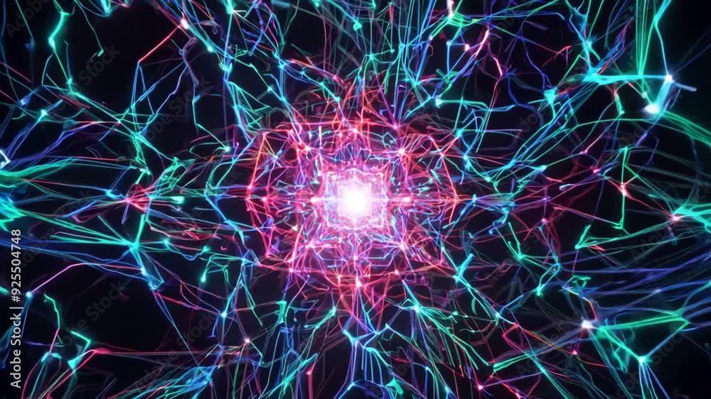 Poster fiery explosion of neon particles creating intricate light patterns generative ai