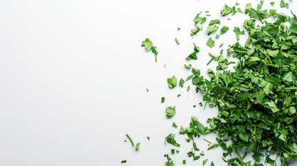 Close-up of chopped parsley on the right side of the frame on a clean white background.