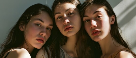 Obraz premium Three young women standing close, gazing intently at the camera, captured under soft sunlight with serene expressions, reflecting deep connection and unity.