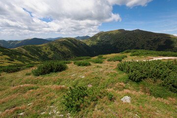 Kralicka, Chopok and Dumbier, View from Besna. Low Tatras, Nizke Tratry, Slovakia. Beautfiul landscape summer scenery of mountains. Summer with cloud and cloudy sky. 