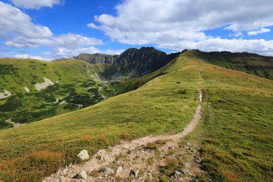 Dumbier, view from Prasiva, Nizke Tatry, Low Tatras, Slovakia. Path, pathway and footpath to the top and summit of rocky hill and mountain. Sunny summer.