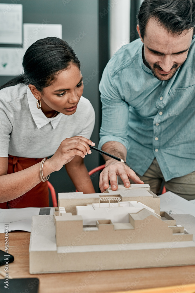 Aufkleber Architecture, office and business people with 3d model of building for development, project and planning. Architect, team and meeting with prototype of property for infrastructure, design and review