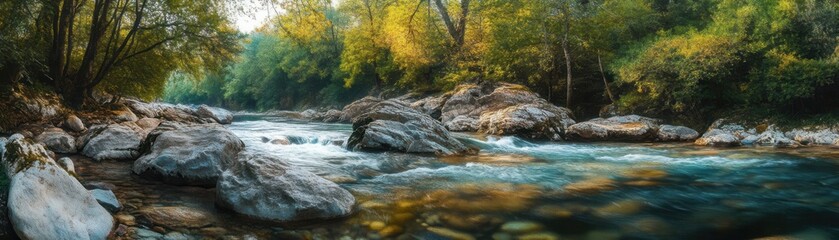 Fototapeta premium A tranquil river flowing through a lush forest with large rocks and clear water under warm sunlight