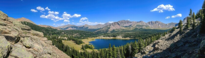 A stunning panoramic view of a mountain range with a clear blue lake surrounded by a forest and rocky terrain under a bright blue sky.