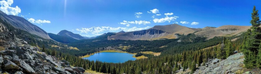 A breathtaking panoramic view of a tranquil mountain lake surrounded by lush forest and rugged peaks under a clear blue sky.
