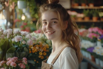 Fototapeta premium smiling florist young woman working in florist shop, looking at camera