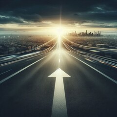 Long asphalt road with an arrow going into the horizon, transparent background, detailed cinematic style
