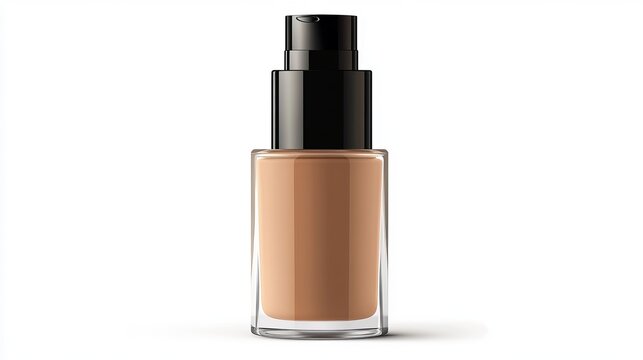 recommend clip art: A realistic glass bottle of makeup foundation with a pump, blank cosmetic packaging templates with options for black, silver, or gold caps, illustrated in a vector style on a white background