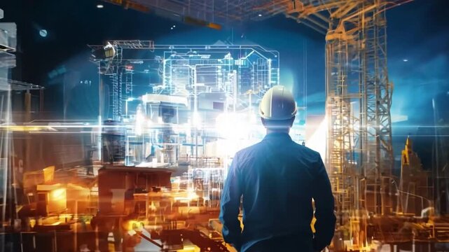 The Future of Construction: A lone engineer stands amidst a futuristic construction site, gazing at a digital blueprint of a towering structure, illuminating the path to innovative building solutions 