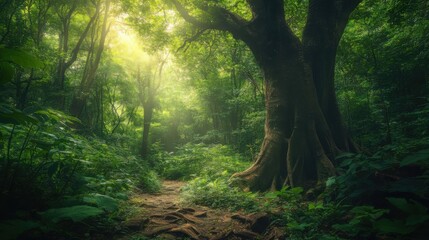 Obraz premium A serene path winds through a lush, green forest with sunlight streaming through the dense canopy.