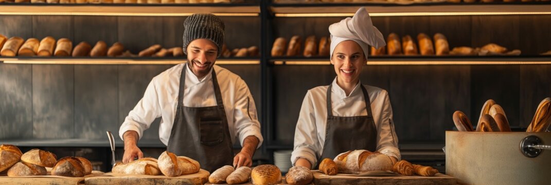 Two bakers stand behind their bakery counter filled with various kinds of breads, showcasing their skills and the diverse selection of baked goods. - Powered by Adobe