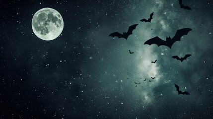 Halloween background, dark starry sky with flying bats and moon