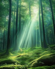 Obraz premium Light rays cascade through a lush, tranquil forest, illuminating the vibrant green moss and tall trees.