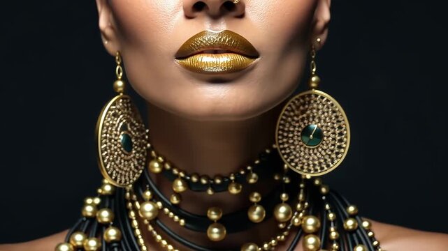 Jewelry fashion woman in luxury creative golden pearls jewels, glamour female african American model with beauty face makeup wearing expensive gold stylish Jewelry on black background.