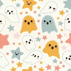 Cute ghost and star pattern, pastel colors, seamless background, Halloween theme
