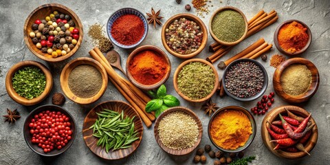 Variety of spices in wooden bowls on gray background, top view, spices, wooden bowls, gray background, copyspace, cooking