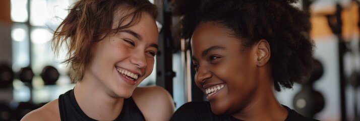 Fototapeta premium Two women share laughter and a bond during a workout session at the gym, surrounded by fitness equipment and positive energy.