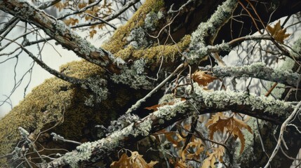 Close-up view of intertwined tree branches covered with moss and lichen in an autumn forest
