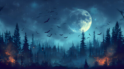 A Halloween card illustration with a crescent moon and flying bats over a misty forest