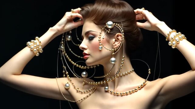 Jewelry fashion woman in luxury creative golden pearls jewels, glamour female african American model with beauty face makeup wearing expensive gold stylish Jewelry on black background.