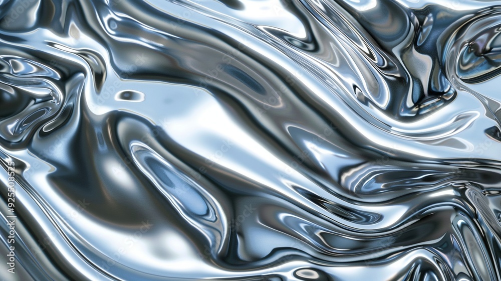 Wall mural a close-up of shiny silver metallic fluid texture, showcasing smooth and flowing waves with reflecti