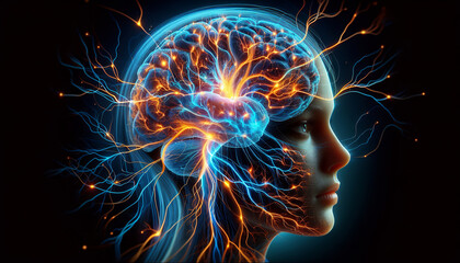 A digital brain image with vivid neural connections, symbolizing advanced brain activity or cognitive function, set against a dark background.