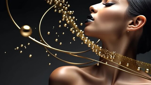 Jewelry fashion woman in luxury creative golden pearls jewels, glamour female african American model with beauty face makeup wearing expensive gold stylish Jewelry on black background.